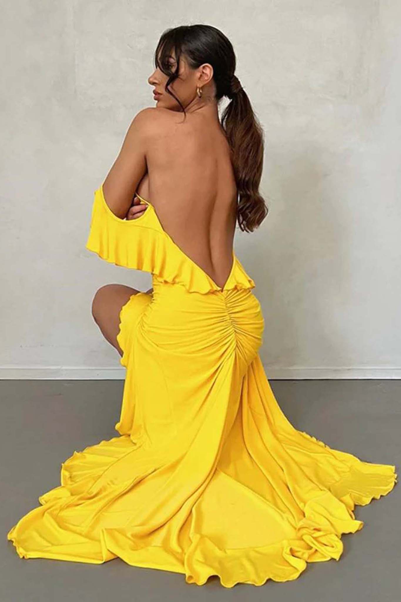 ΜΑΞΙ ΦΟΡΕΜΑΤΑ Cassandra Μάξι φόρεμα με βολάν κίτρινο