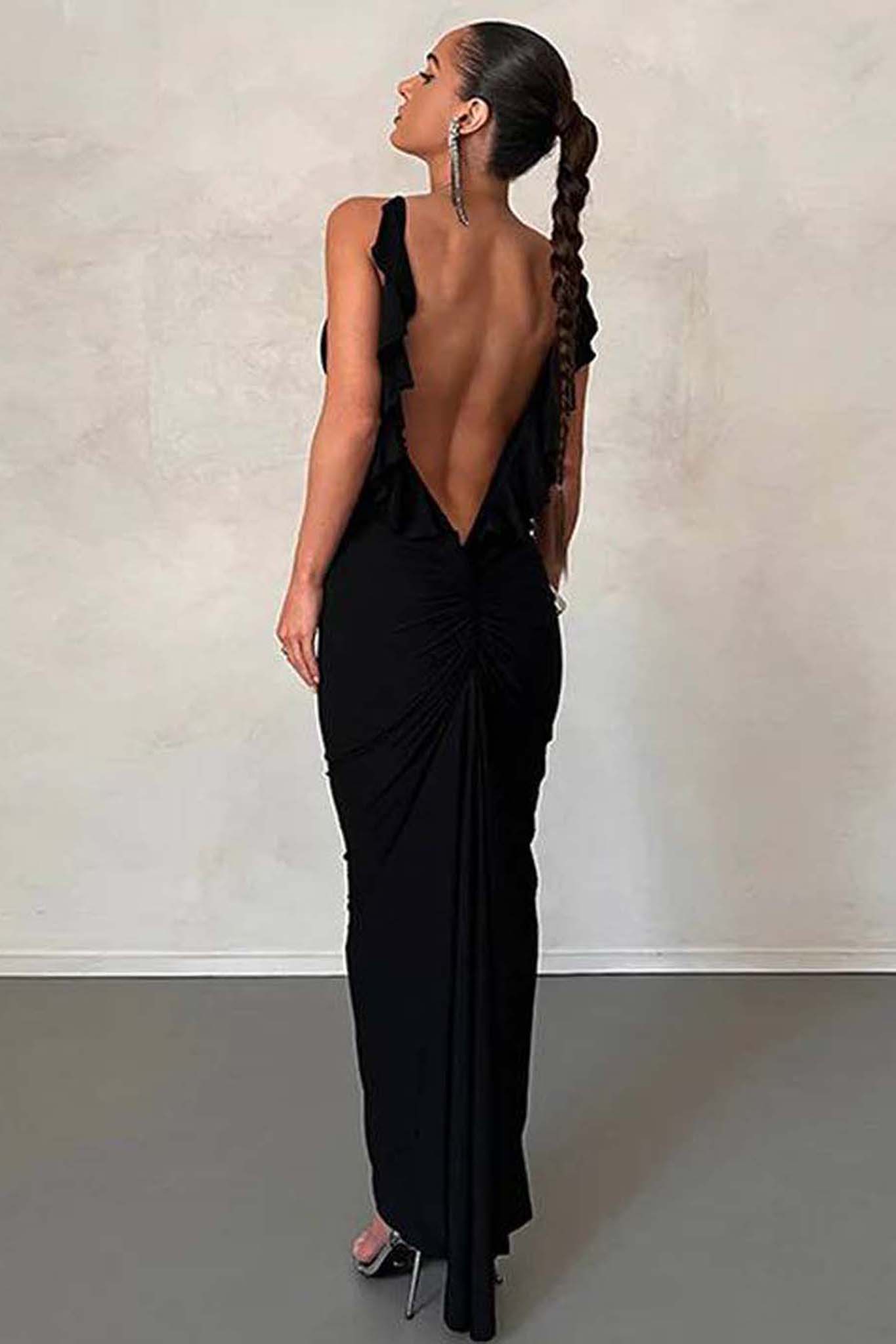 ΓΑΜΟΣ / ΒΑΠΤΙΣΗ Cassandra Μάξι φόρεμα με βολάν μαύρο