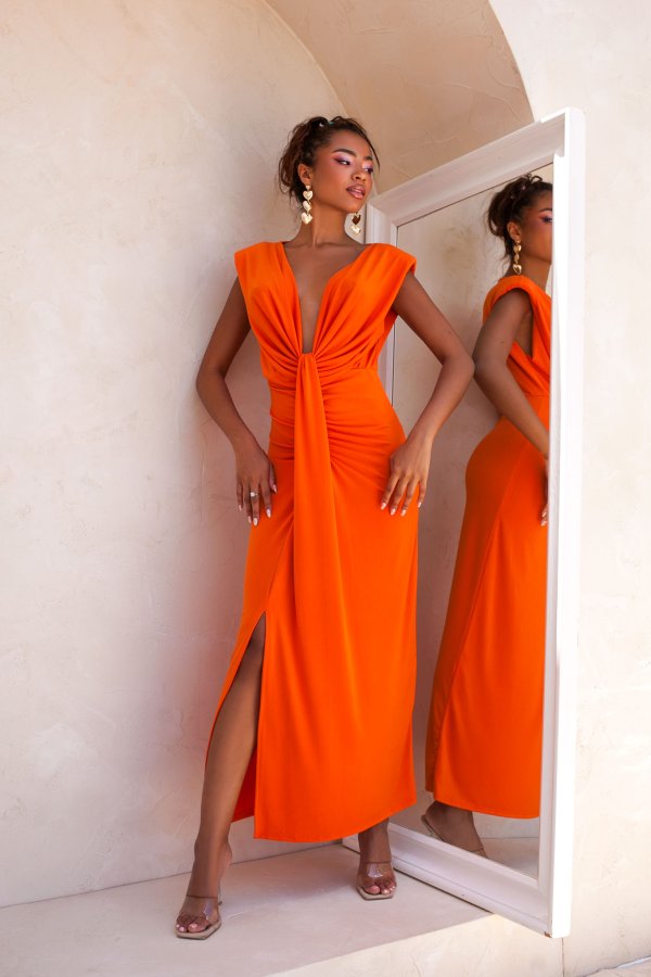 ΚΑΛΟΚΑΙΡΙΝΑ ΦΟΡΕΜΑΤΑ Insignia midi φόρεμα εφαρμοστό με βαθύ ντεκολτέ πορτοκαλί