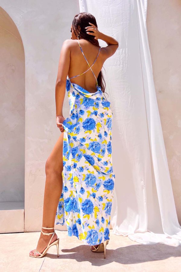 ΦΛΟΡΑΛ ΦΟΡΕΜΑΤΑ Myrtos μακρύ φόρεμα φλοράλ εξώπλατο με όψη σατέν σιελ