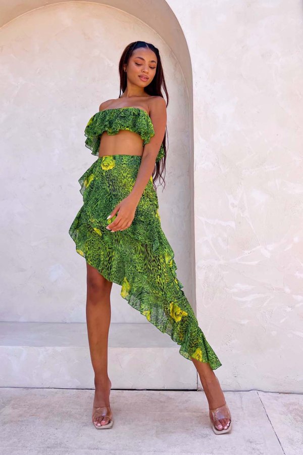 ΣΕΤ Nammos σετ τοπ-φούστα φλοράλ μουσελίνα με βολάν πράσινο