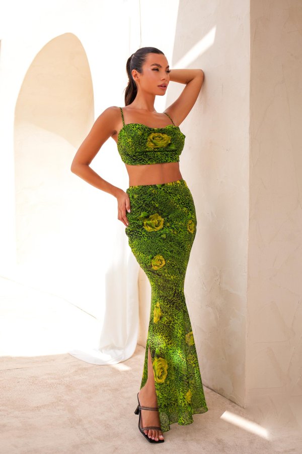ΓΥΝΑΙΚΕΙΑ ΡΟΥΧΑ Naxos σετ τοπ - φούστα μουσελίνα φλοραλ με animal print πράσινο