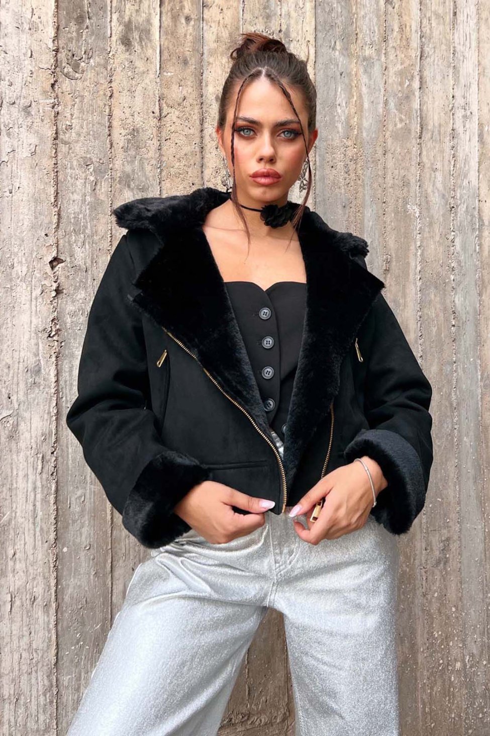 Linger jacket με οικολογική γούνα μαύρο