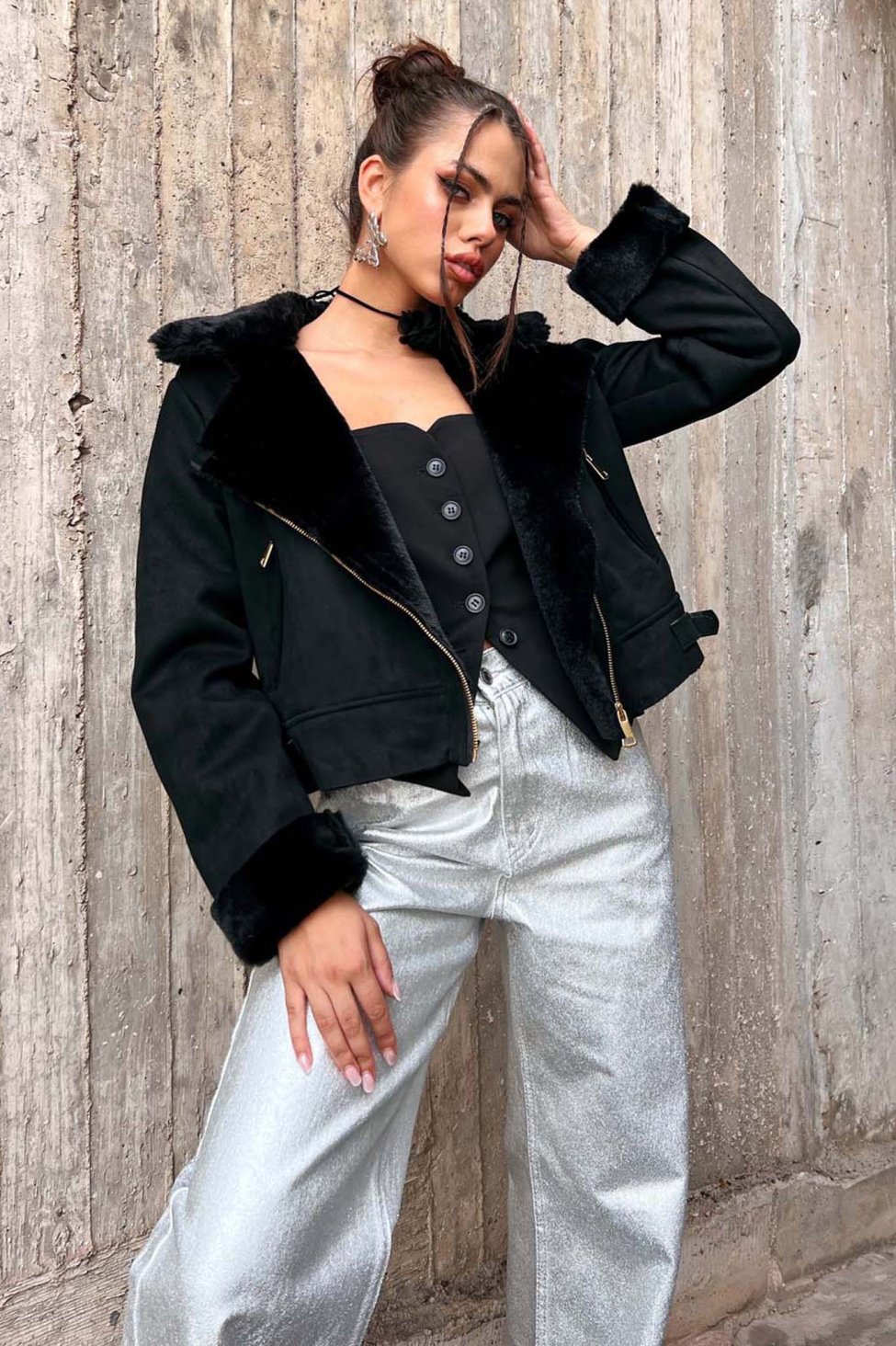 Linger jacket με οικολογική γούνα μαύρο