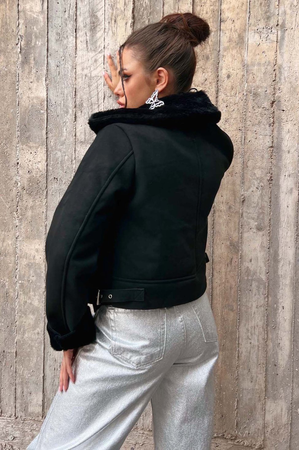 Linger jacket με οικολογική γούνα μαύρο