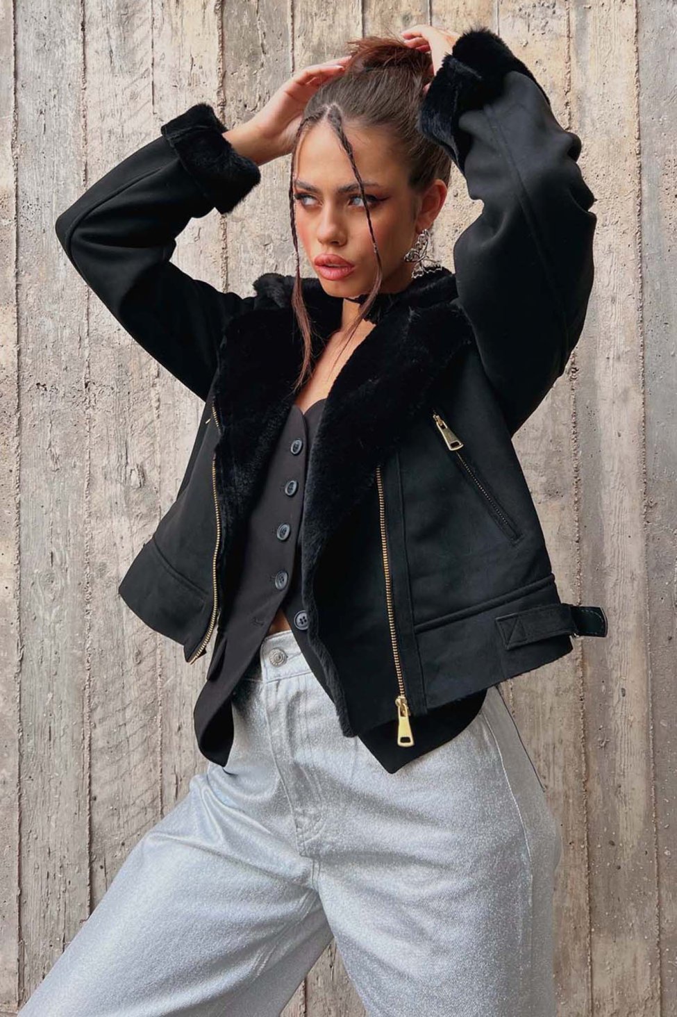 Linger jacket με οικολογική γούνα μαύρο