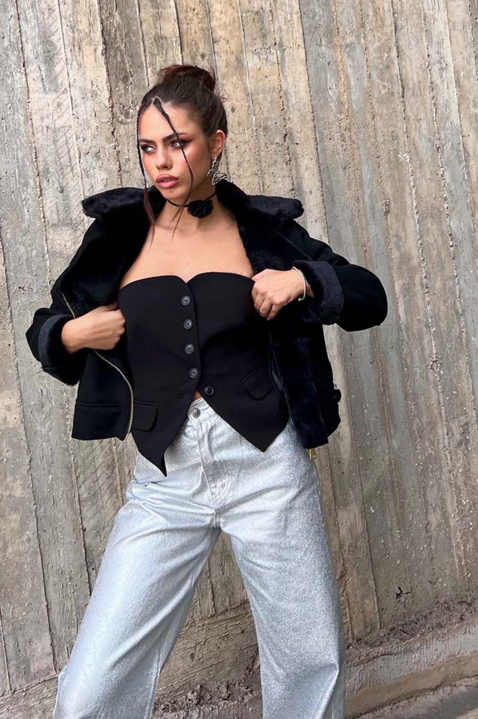 Linger jacket με οικολογική γούνα μαύρο