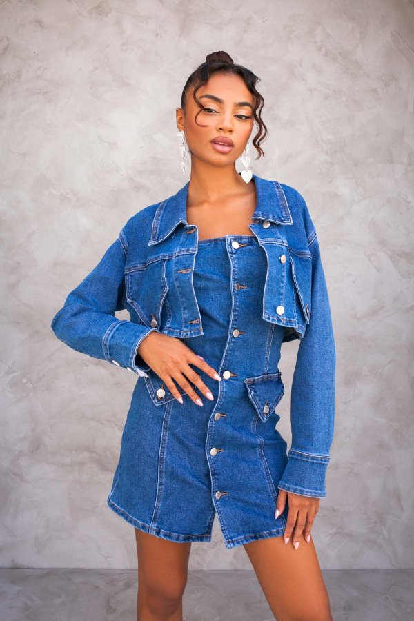 DENIM LOVERS Mujer σετ jacket τζιν με φόρεμα στραπλες μπλε