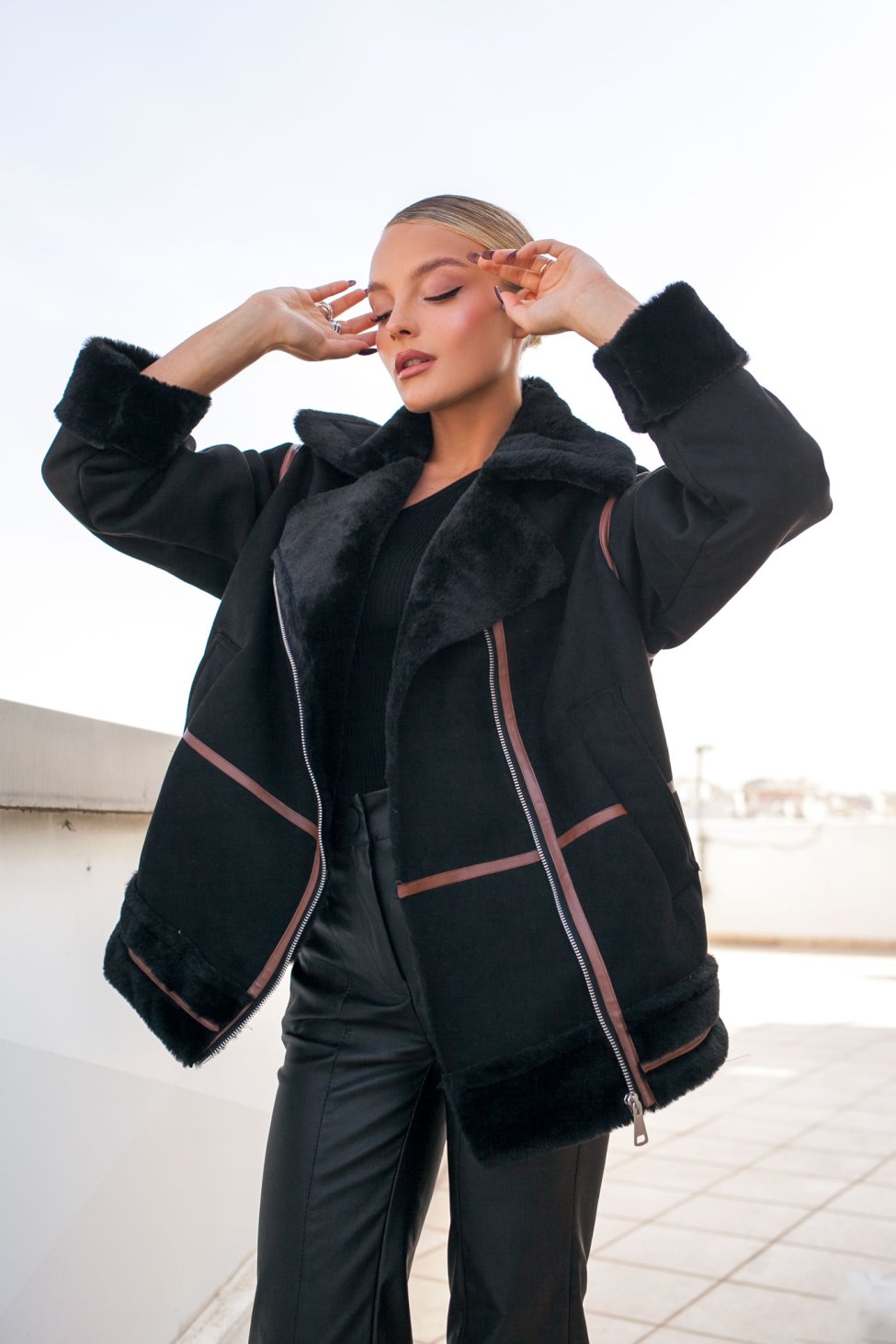 Urge jacket απο οικολογικό σουέντ δέρμα και γούνα μαύρο