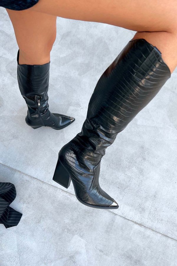 Western cowboy κροκό μπότες με ταλλική λεπτομέρεια μαύρο