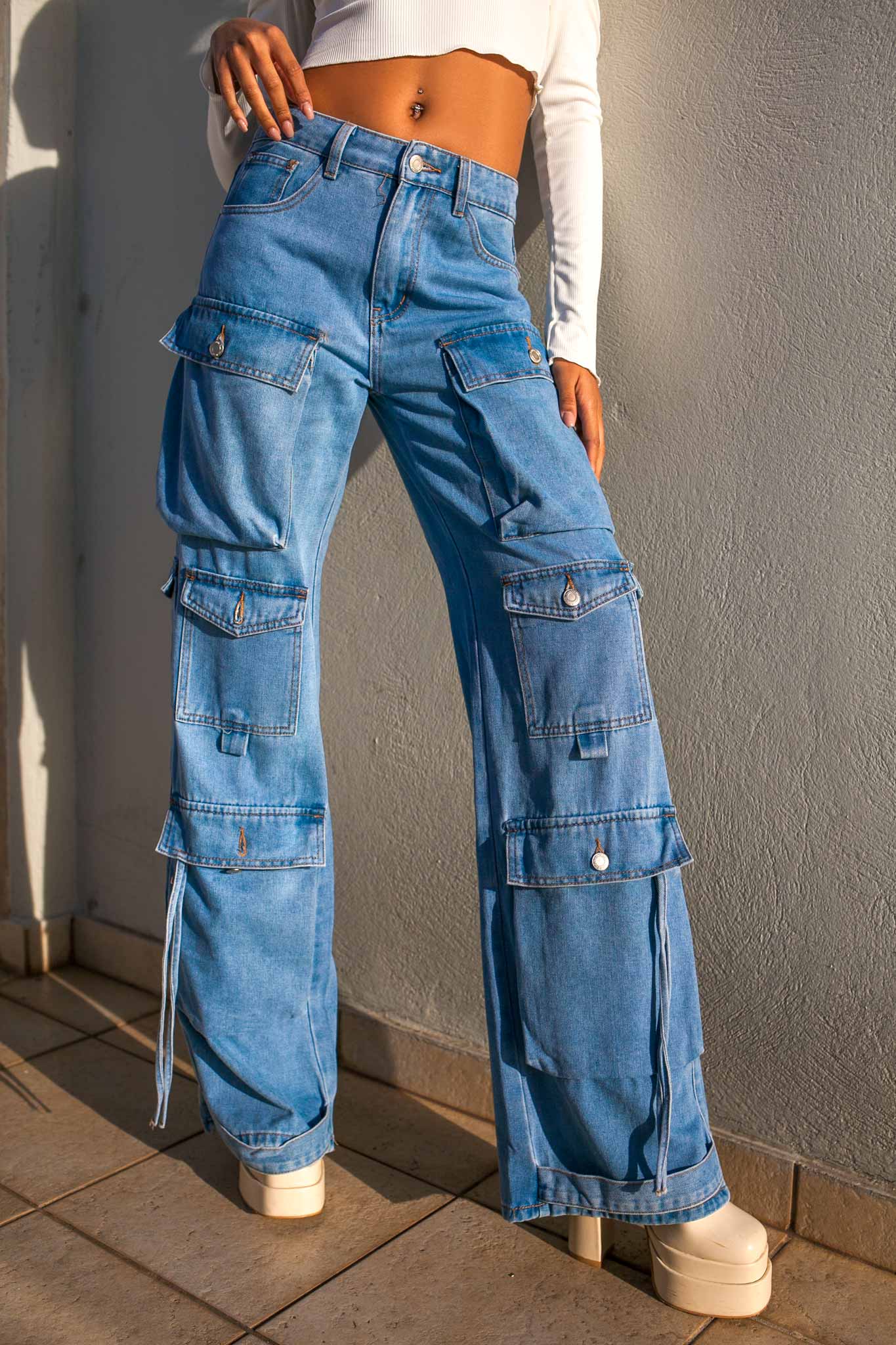 ΠΑΝΤΕΛΟΝΙΑ Ivory τζιν παντελόνι με τσέπες cargo μπλε
