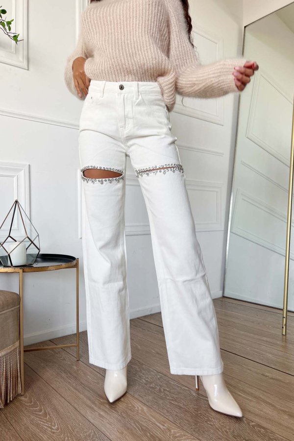 ΓΥΝΑΙΚΕΙΑ ΡΟΥΧΑ Marbles τζιν παντελόνι με cut outs λευκό