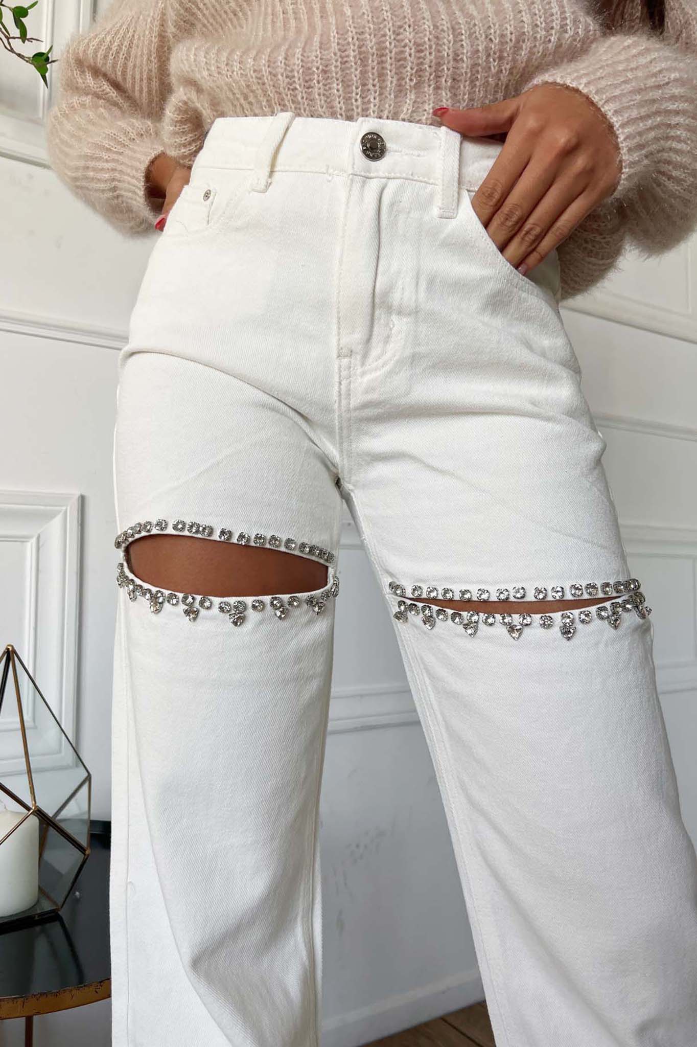 ΓΥΝΑΙΚΕΙΑ ΡΟΥΧΑ Marbles τζιν παντελόνι με cut outs λευκό