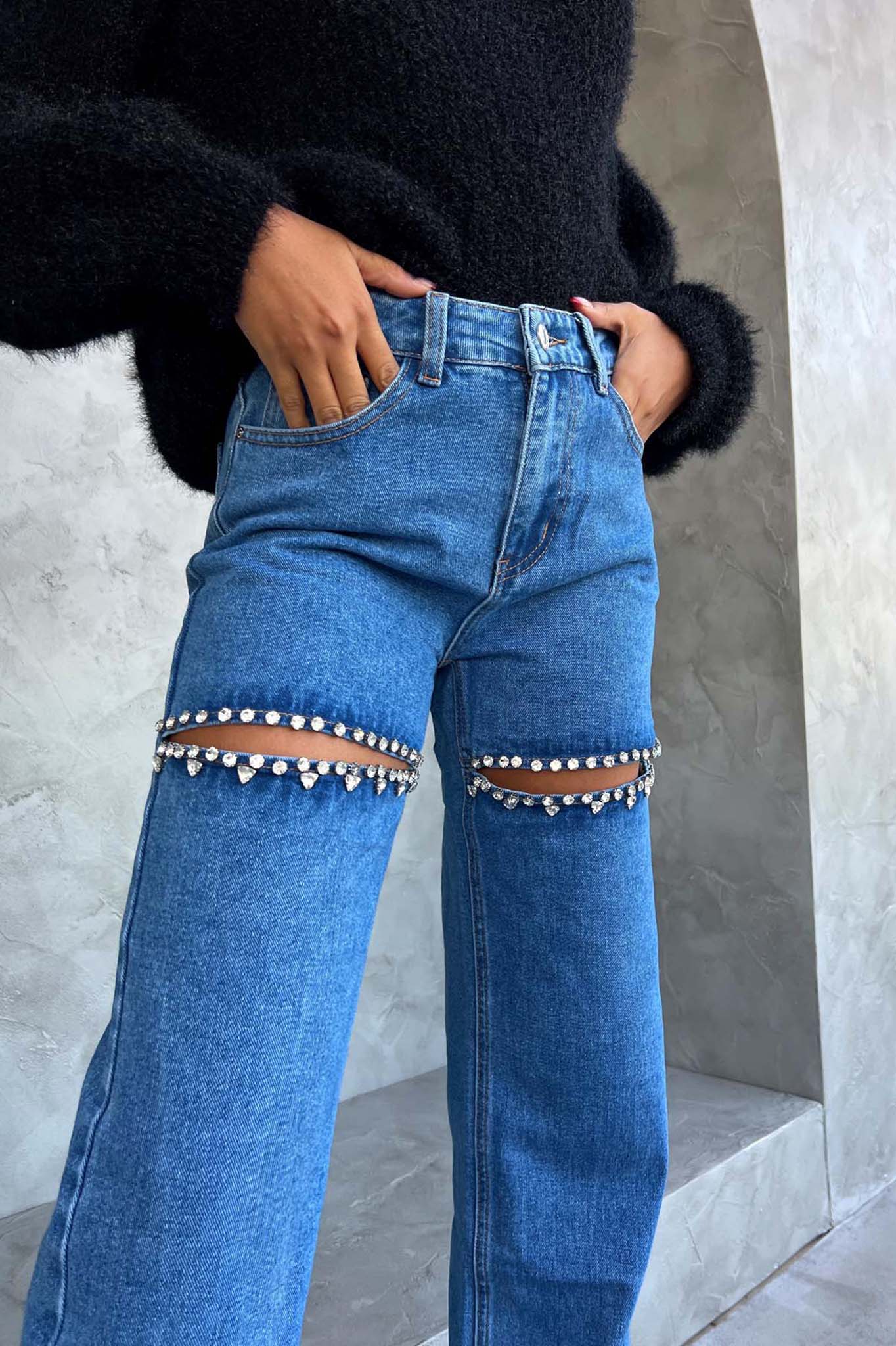 DENIM LOVERS Marbles τζιν παντελόνι με cut outs μπλε