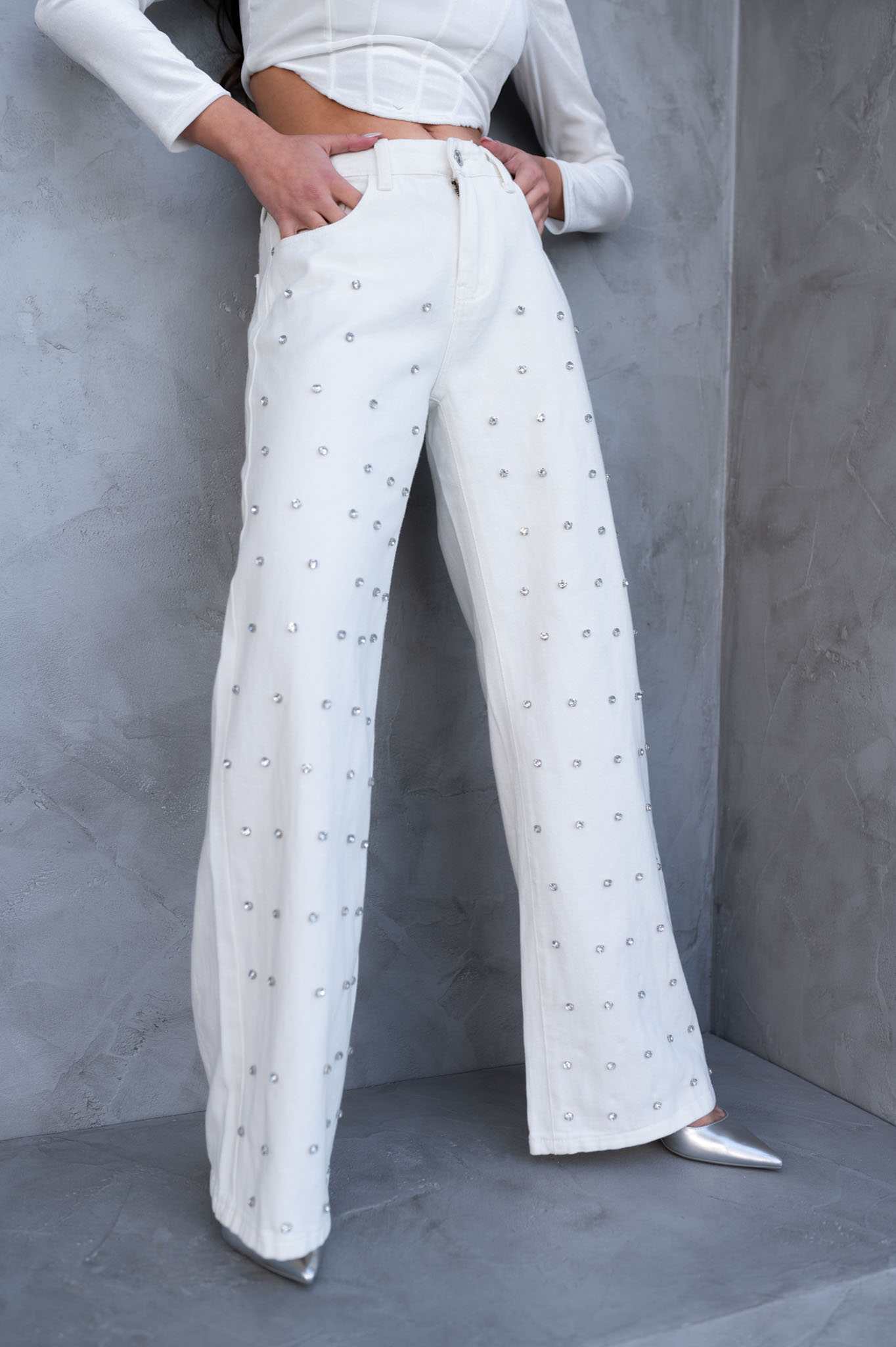 ΓΥΝΑΙΚΕΙΑ ΡΟΥΧΑ Rocket τζιν παντελόνι με τρουκς strass λευκό