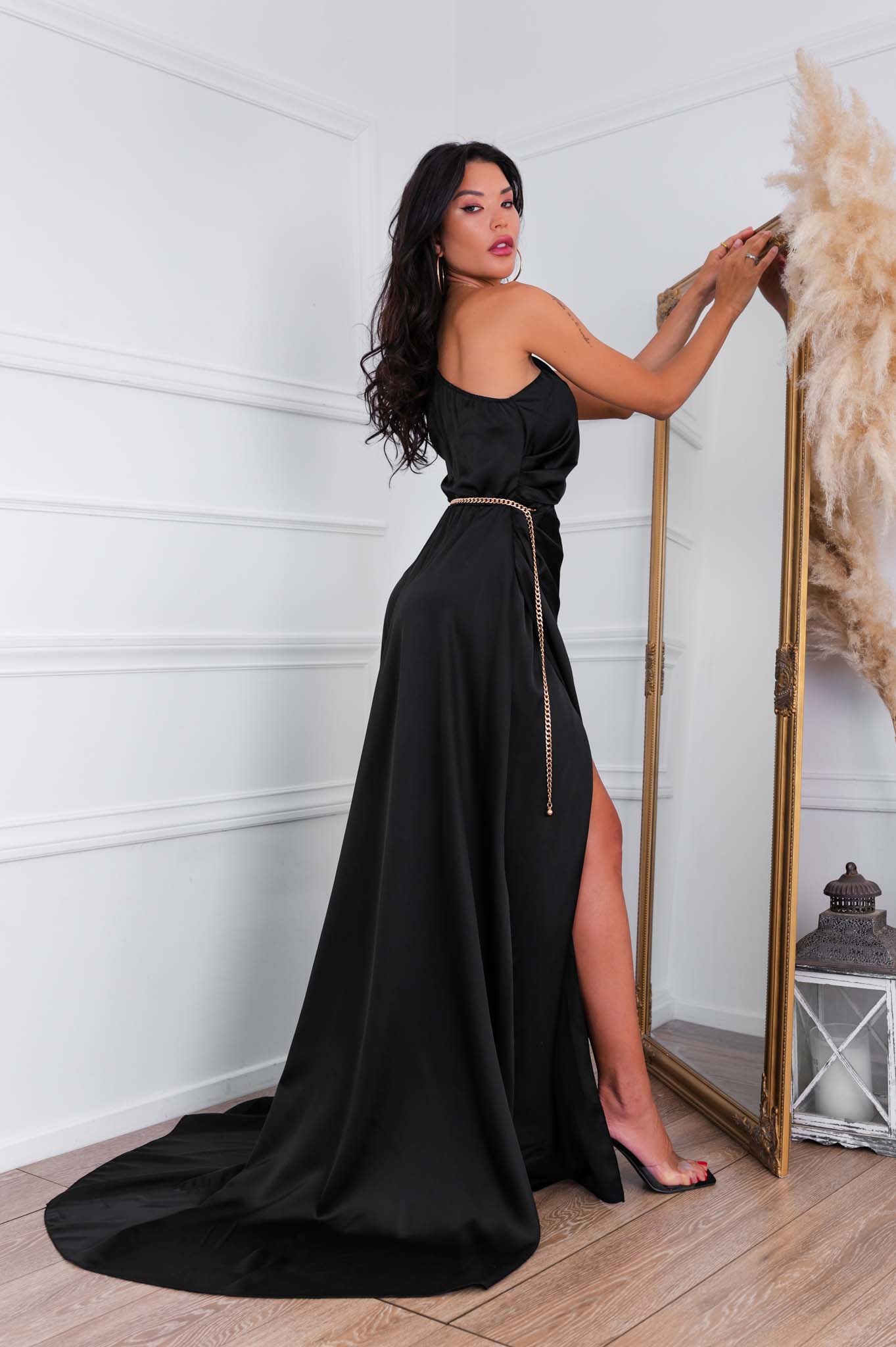 ΦΟΡΕΜΑΤΑ Zenna μακρύ φόρεμα με όψη σατέν μαύρο