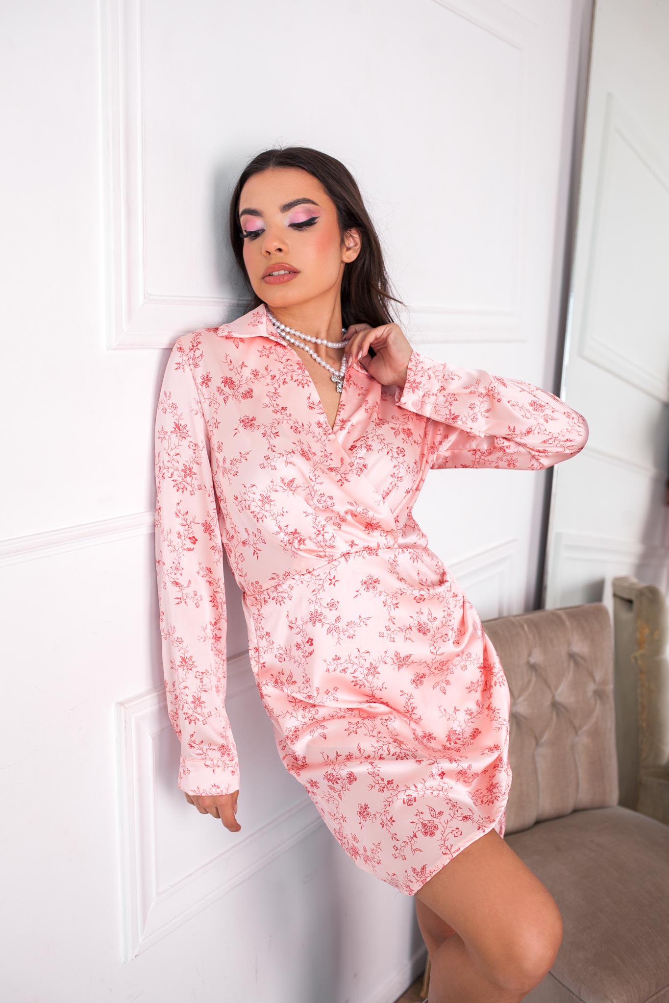 ΓΑΜΟΣ / ΒΑΠΤΙΣΗ Alexa μίνι φόρεμα τύπου σατέν με λουλουδάκια σομόν