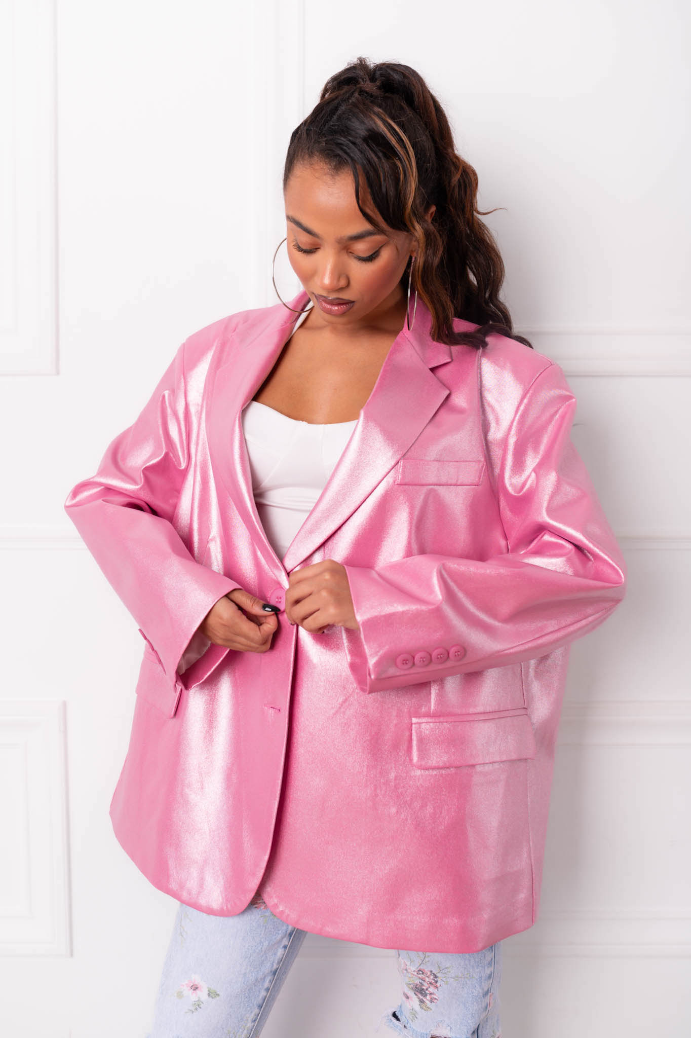 ΠΑΝΩΦΟΡΙΑ Chira σακάκι over size με γυαλιστερή όψη ροζ