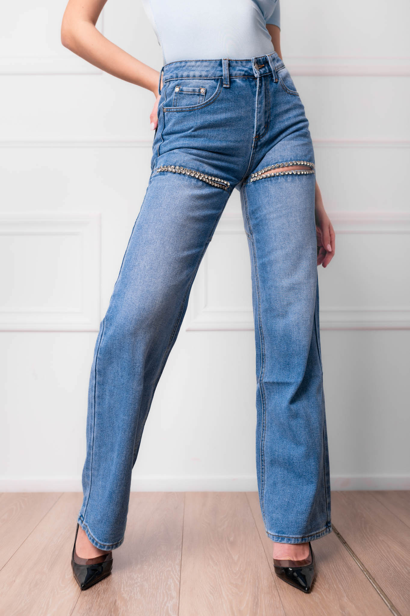 DENIM LOVERS Diane τζίν παντελόνι με αναοίγματα και strass μπλε