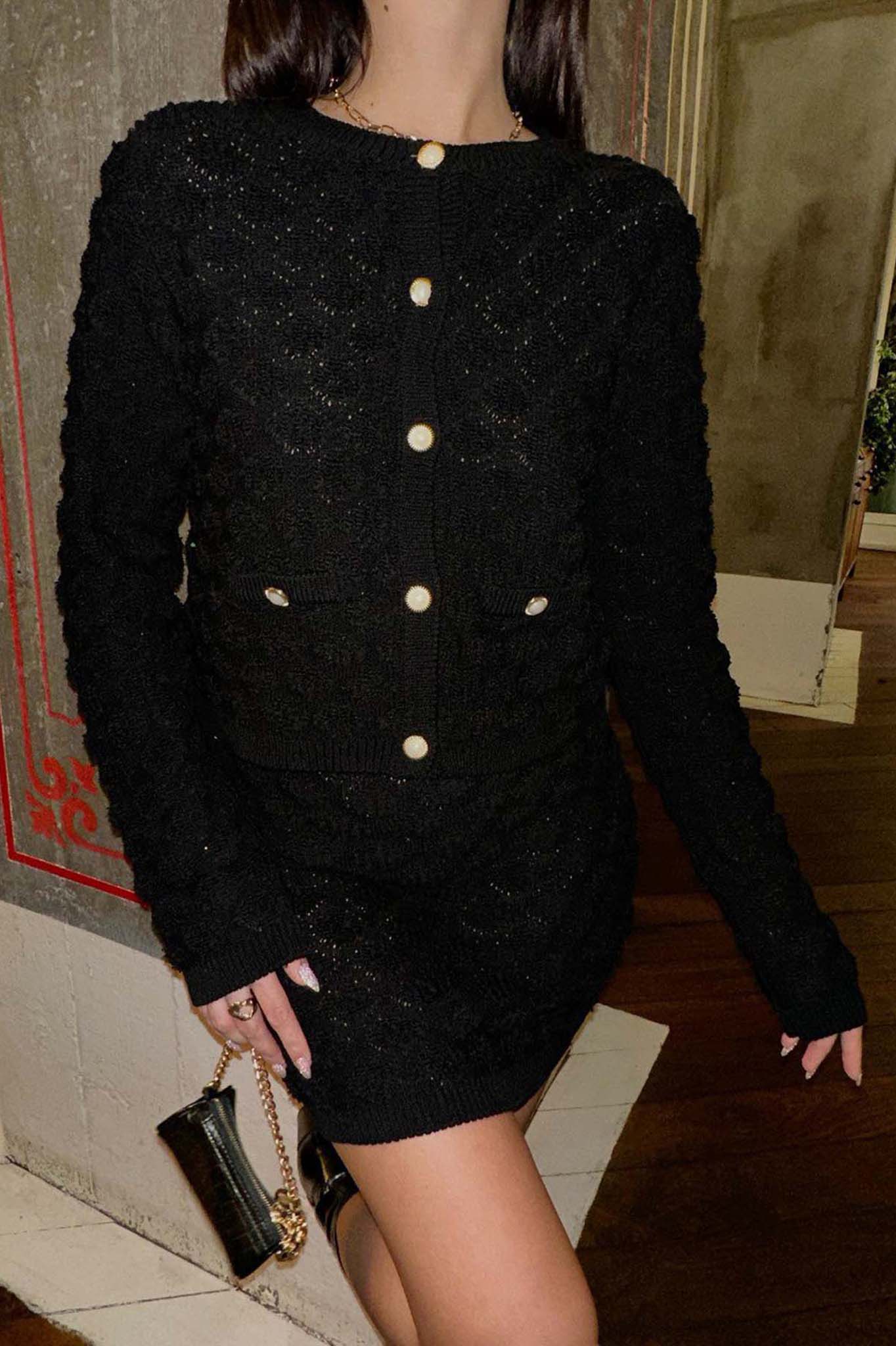 SALES Jewel σετ πλεκτό ζακέτα-φούστα μαύρο