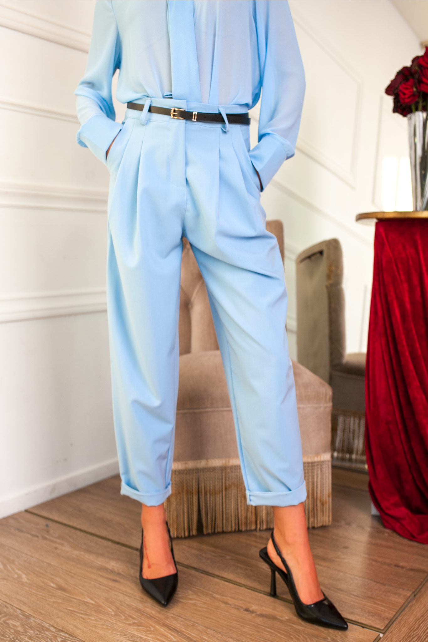 SALES Macaria παντελόνι υφασμάτινο με ζωνάκι γαλάζιο