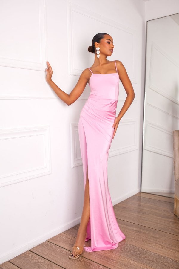 ΦΟΡΕΜΑΤΑ Franco μακρύ φόρεμα με όψη σατέν ροζ