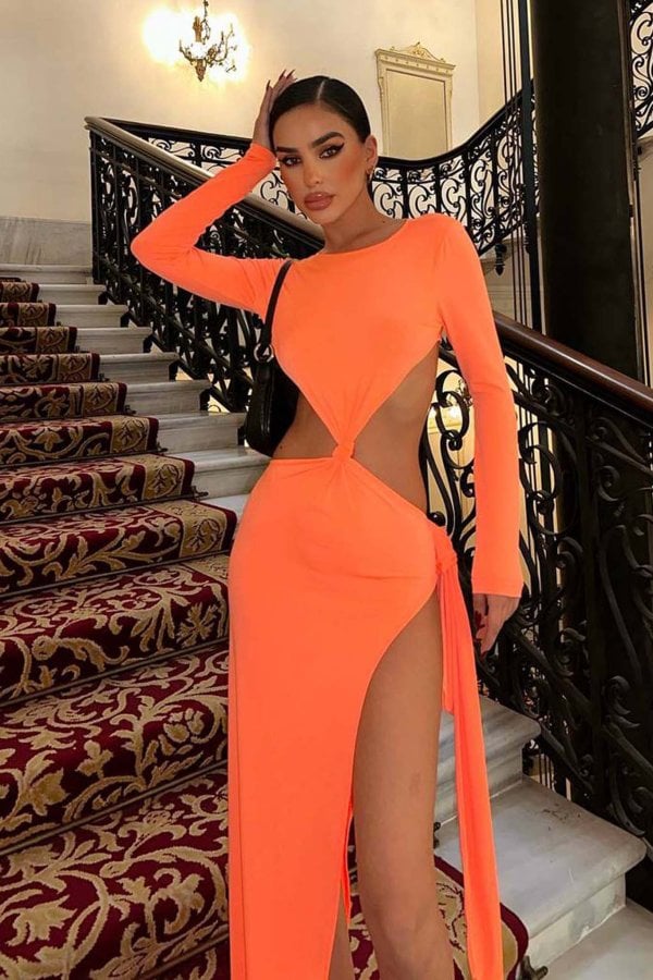 ΝΕΕΣ ΑΦΙΞΕΙΣ Maximo μακρύ φόρεμα cut out πορτοκαλί φλούο