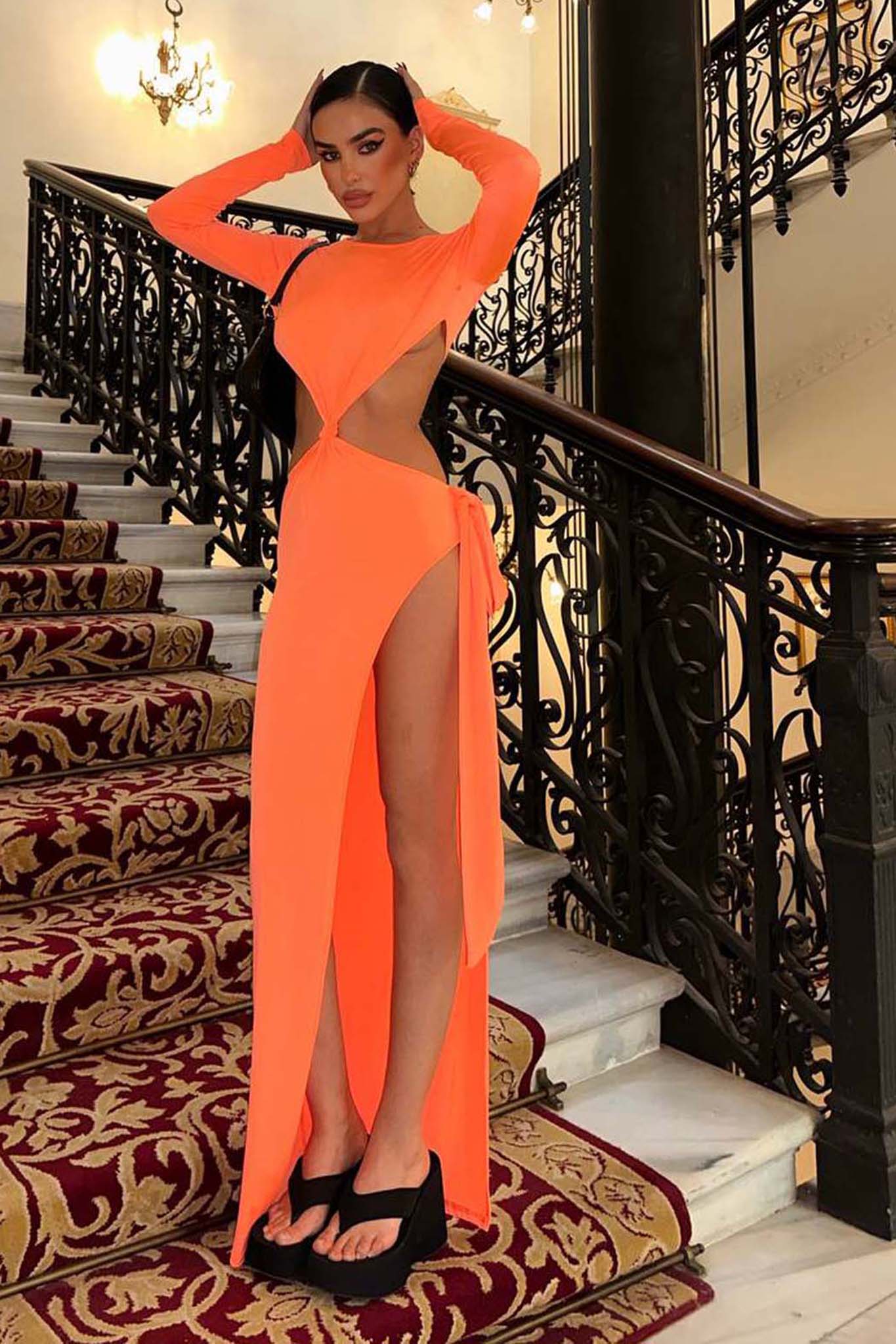 SEXY ΦΟΡΕΜΑΤΑ Maximo μακρύ φόρεμα cut out πορτοκαλί φλούο