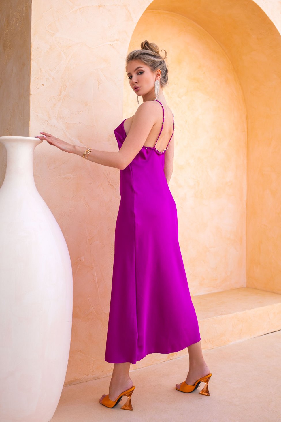 Save μακρύ φόρεμα τύπου σατέν με strass magenta