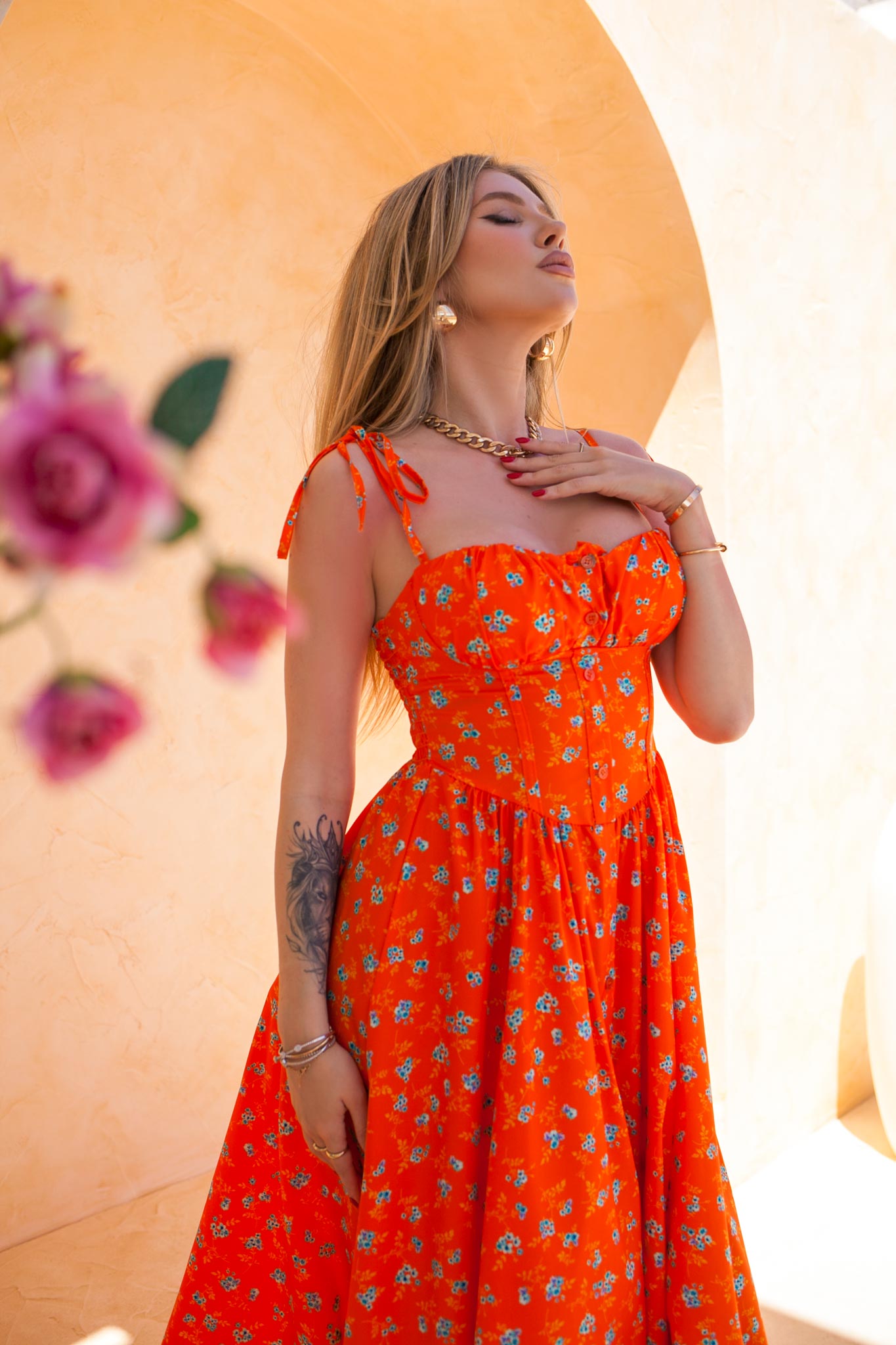 BEST SELLERS Ankel μίντι φλοράλ φόρεμα πορτοκαλί