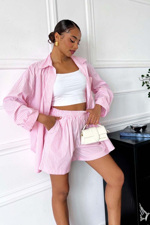EVERYDAY Cube σετ πουκάμισο-σορτς ριγέ με όψη λινού ροζ
