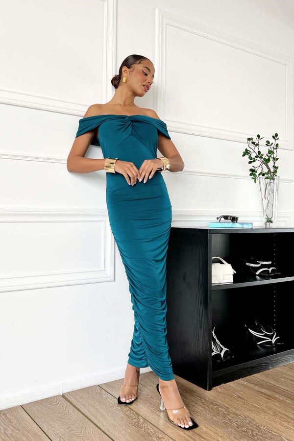 BEST SELLERS Giselle μακρύ φόρεμα εφαρμοστό με σούρες κυπαρισσί