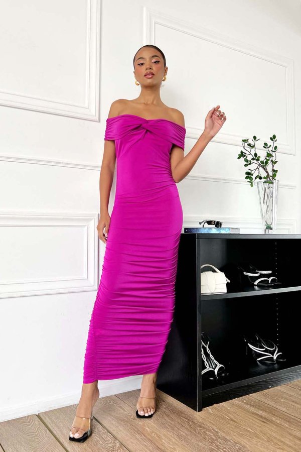 BEST SELLERS Giselle μακρύ φόρεμα εφαρμοστό με σούρες magenta