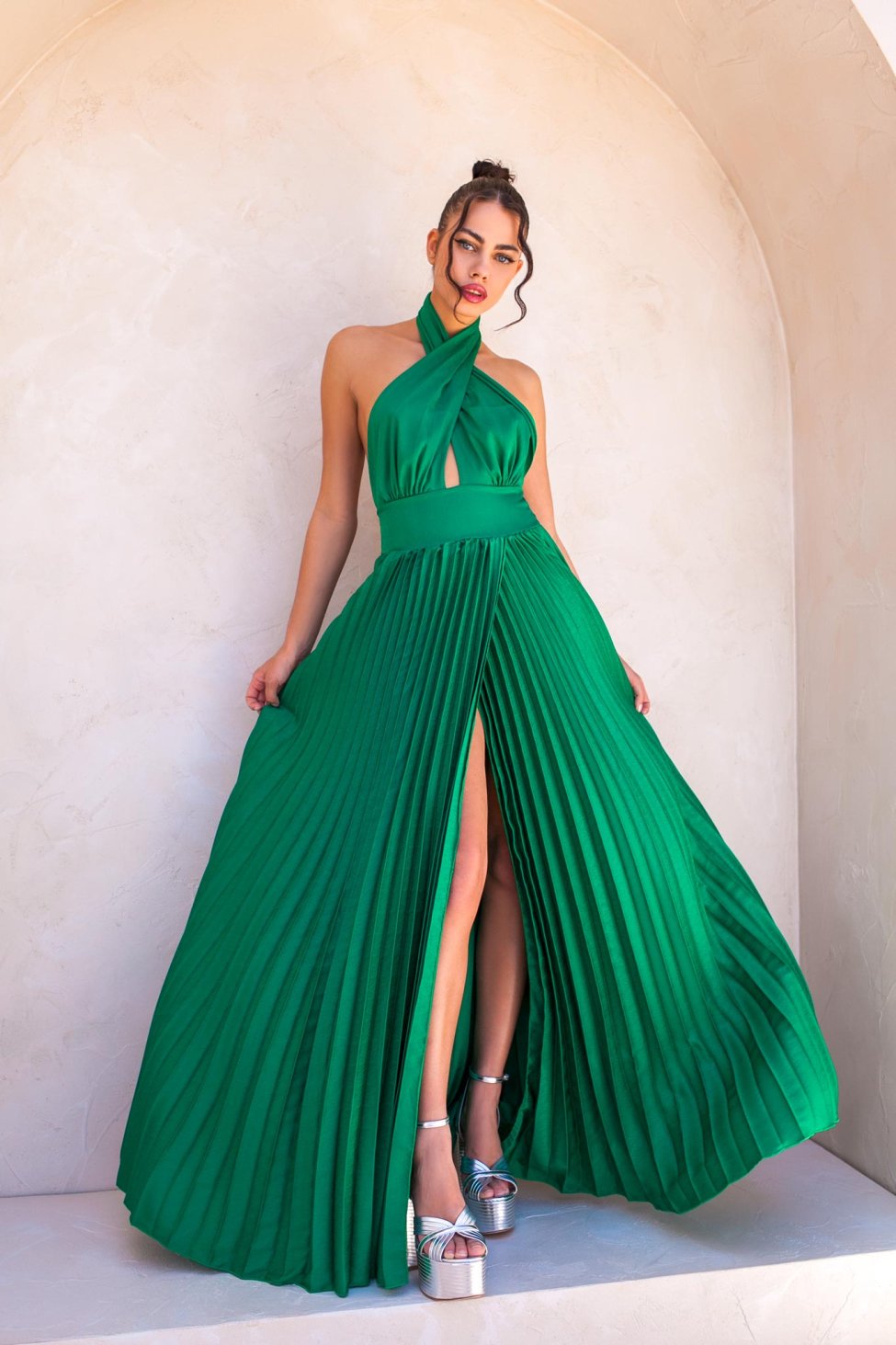 Isabella μάξι φόρεμα πλισέ με όψη σατέν πράσινο