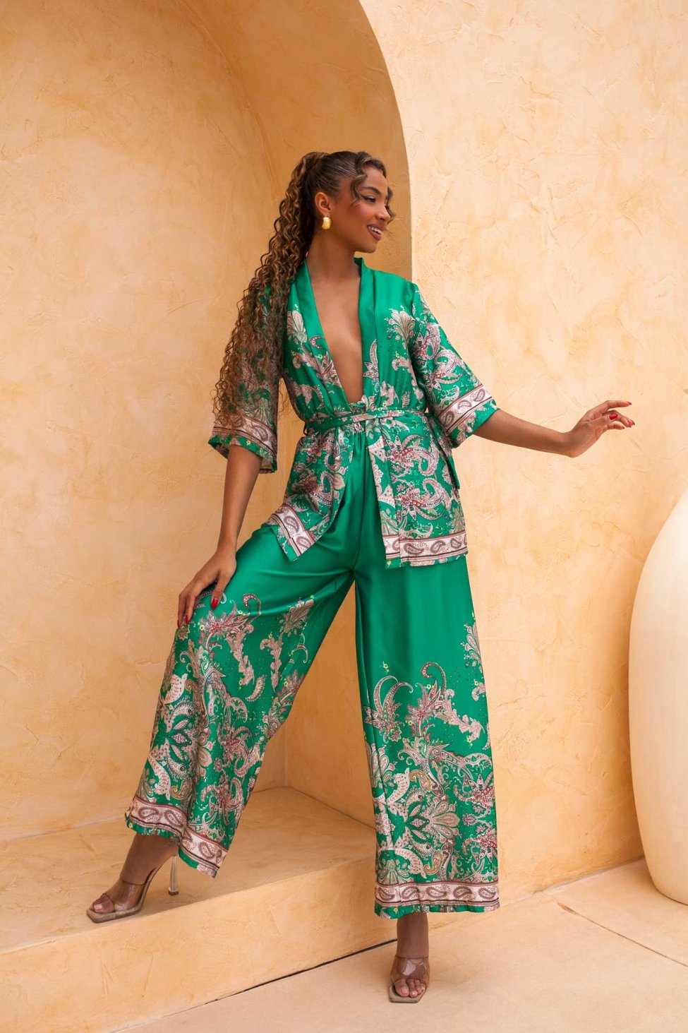Jaylen σετ κιμονό-παντελόνα εμπριμέ με όψη σατέν πράσινο