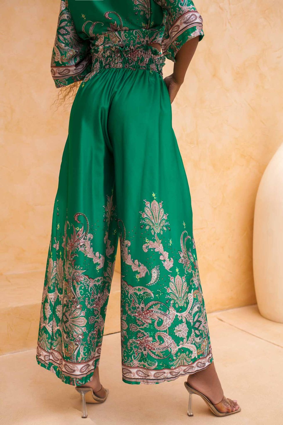 Jaylen σετ κιμονό-παντελόνα εμπριμέ με όψη σατέν πράσινο