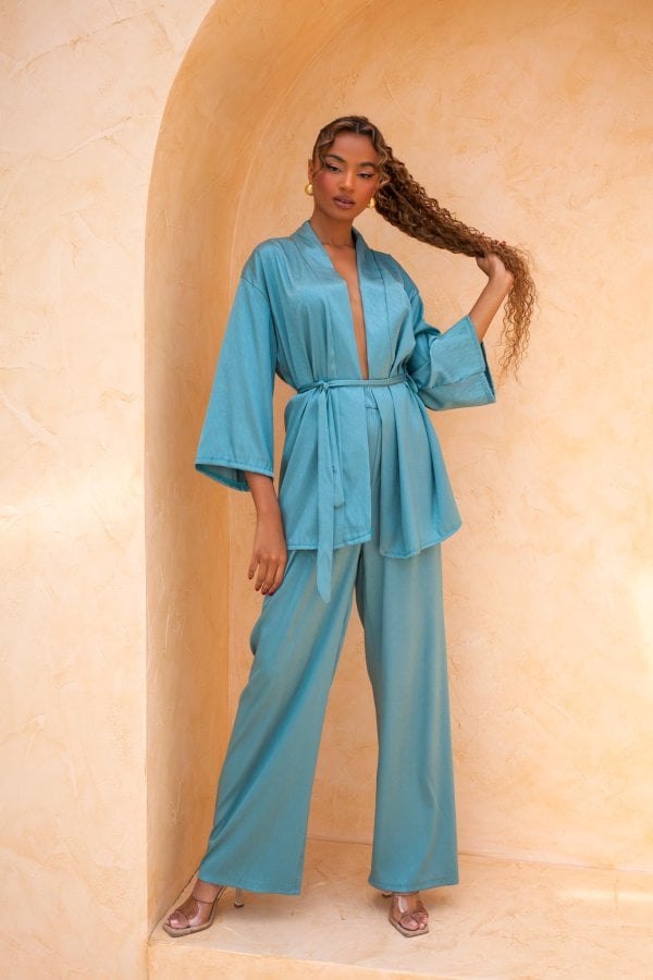 Octavia σετ κιμονό-παντελόνα με όψη σατέν βεραμάν