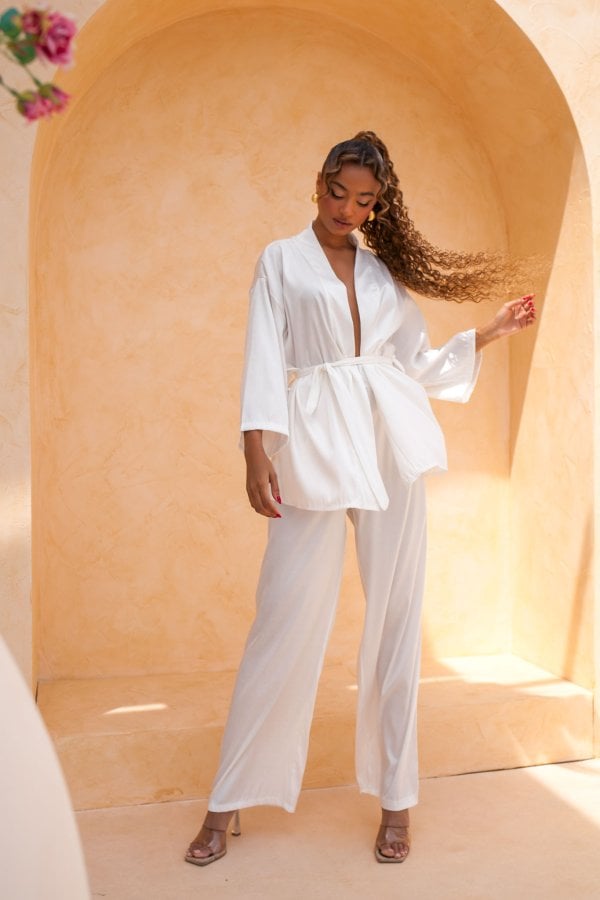 Octavia σετ κιμονό-παντελόνα με όψη σατέν λευκό