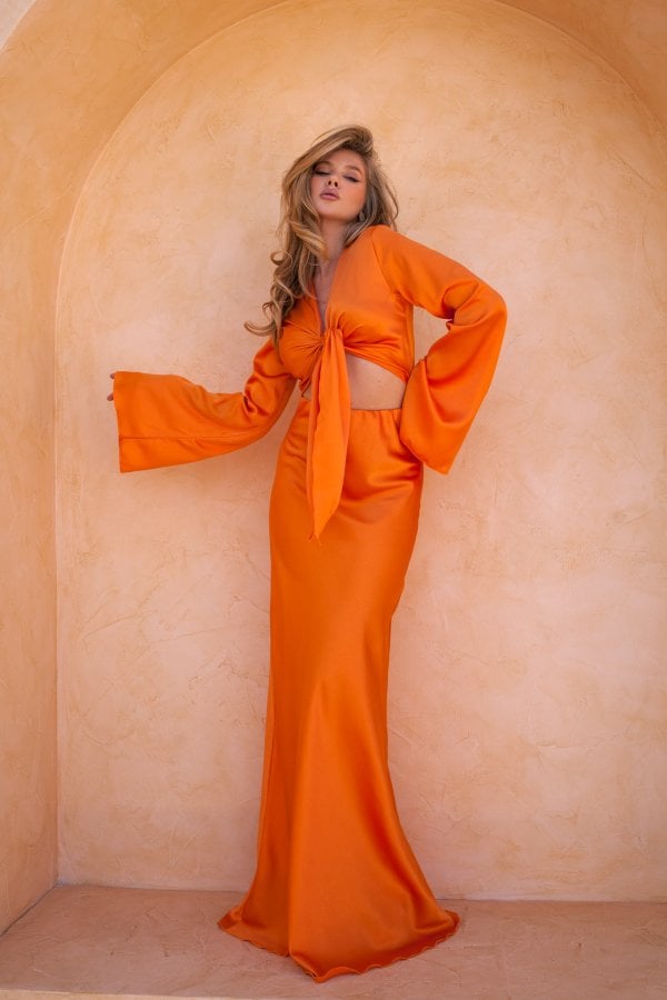 ΣΕΤ Terry σετ τοπ-φούστα με σατέν όψη πορτοκαλί