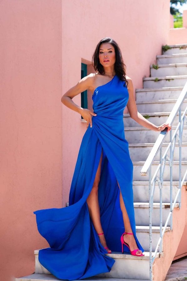 ΦΟΡΕΜΑΤΑ Zenna μακρύ φόρεμα με όψη σατέν μπλε