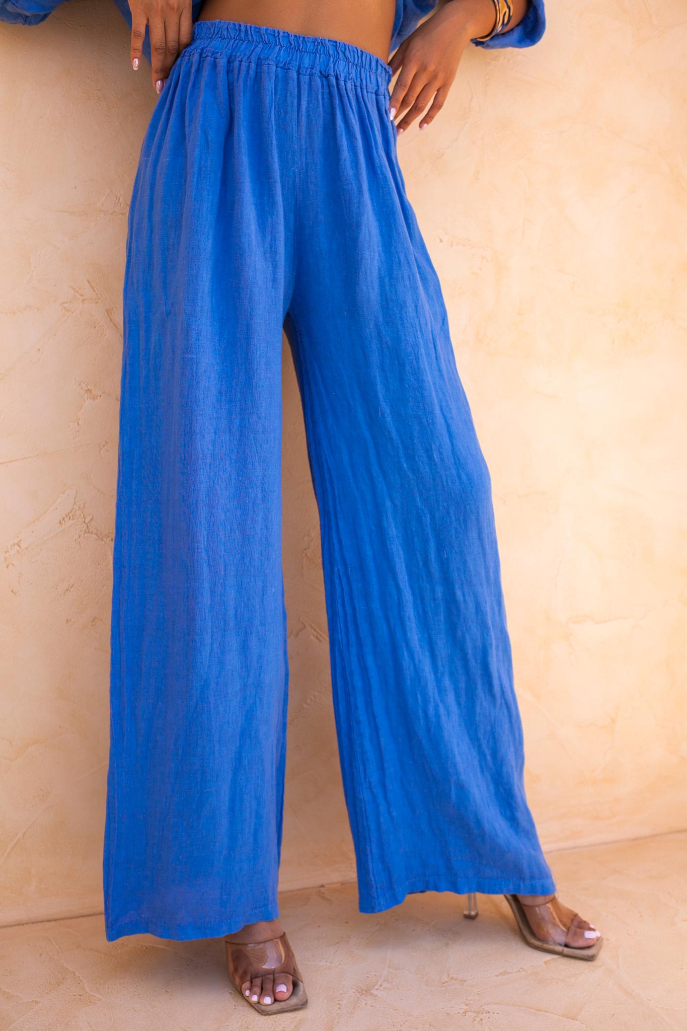 Anya παντελόνι με όψη λινό μπλε