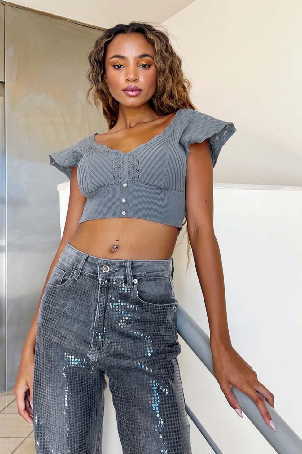 Sailor crop top ριπ γκρι - Image 3