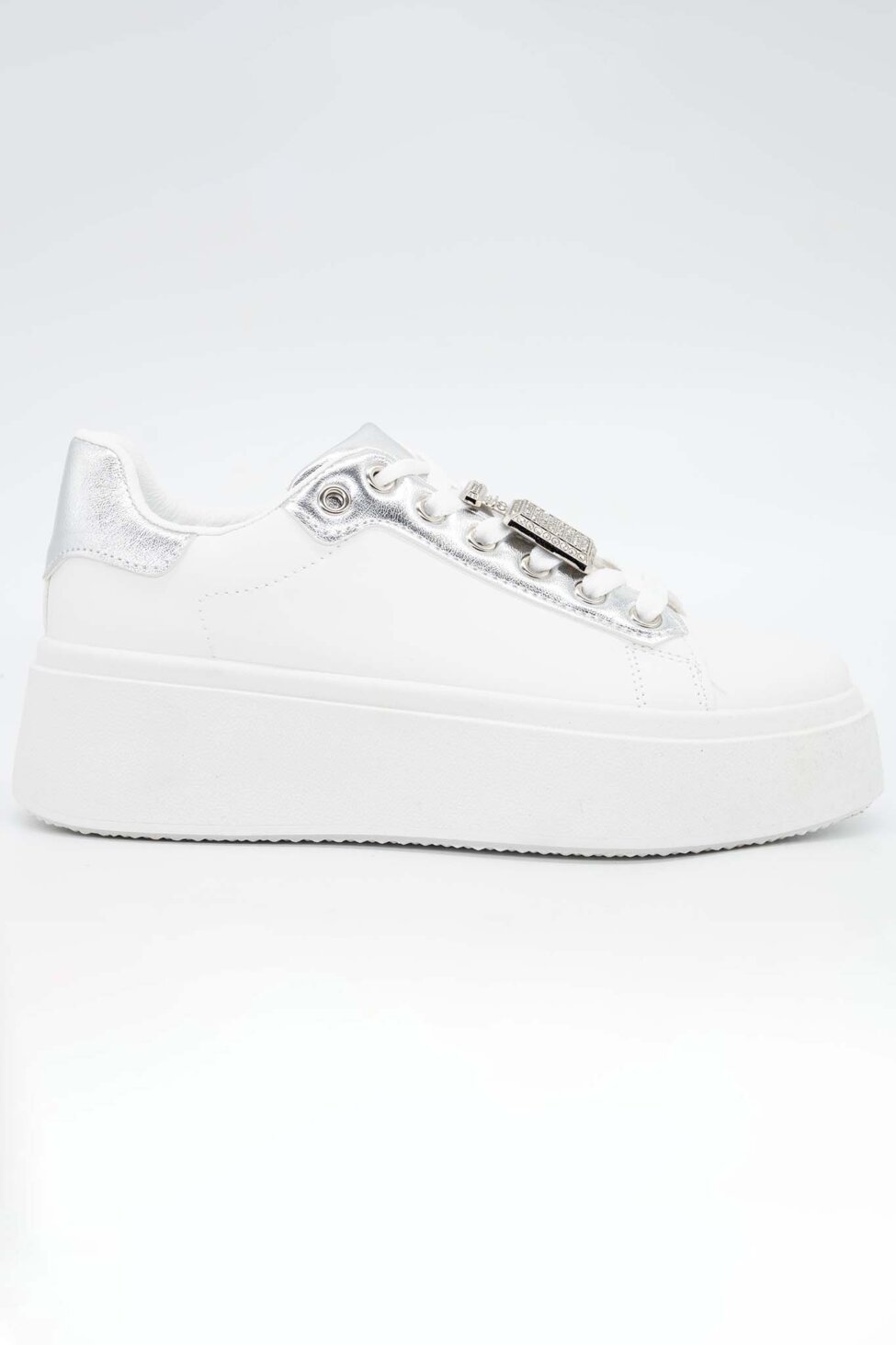 Text sneakers με strass από οικολογικό δέρμα ασημί