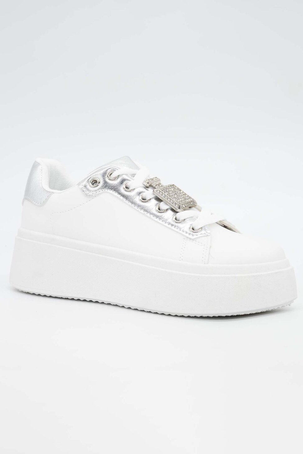 Text sneakers με strass από οικολογικό δέρμα ασημί