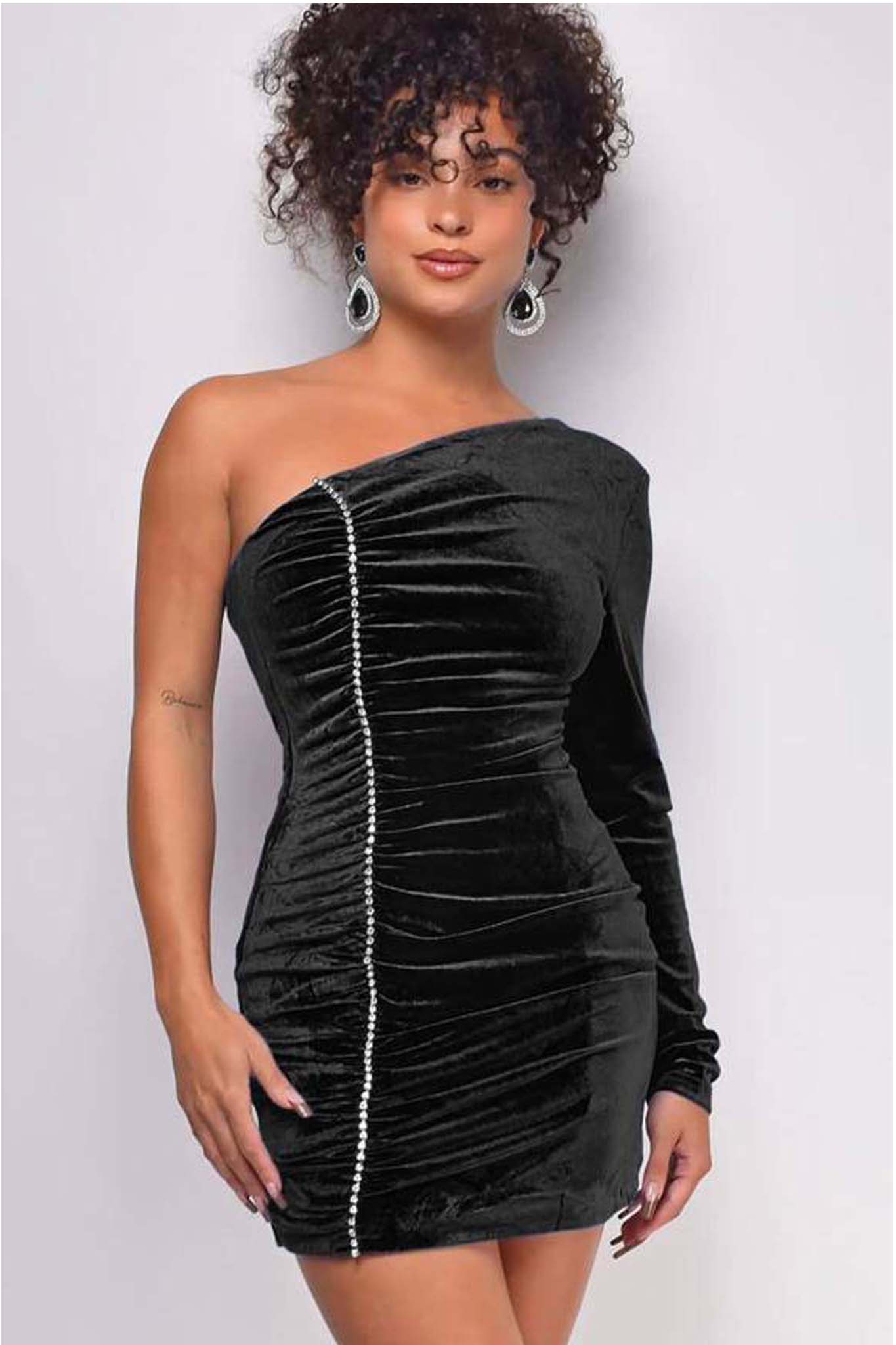 Amber μίνι φόρεμα με βελούδινη υφή, ένα μανίκι και strass μαύρο Amber μίνι φόρεμα με βελούδινη υφή, ένα μανίκι και strass μαύρο - Image 1