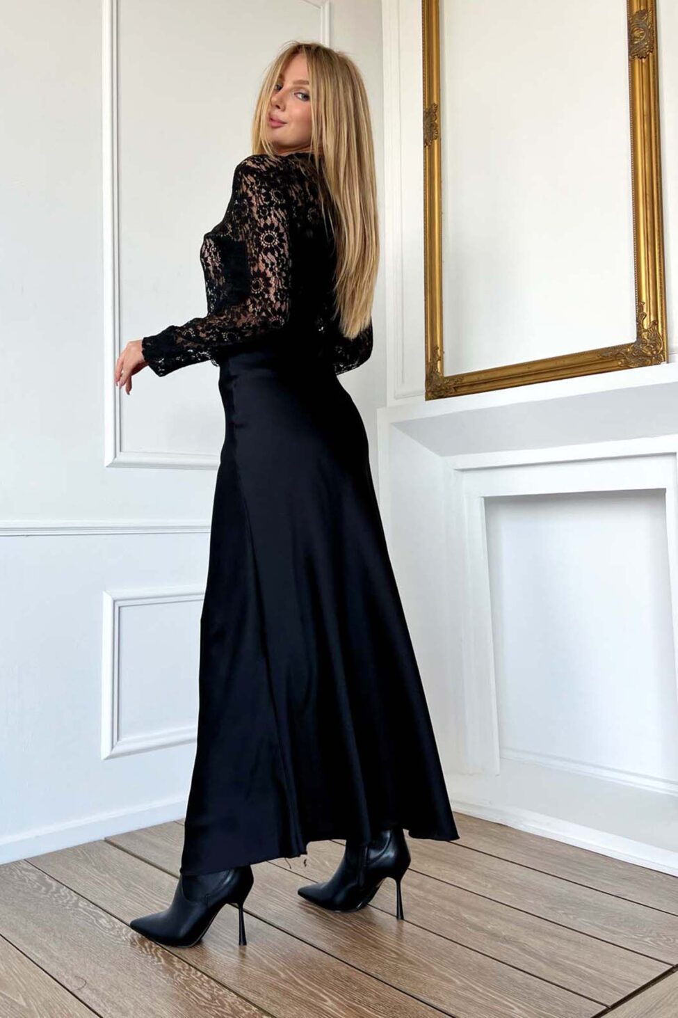 Collection μακρία φούστα με όψη σατέν μαύρο - Image 3