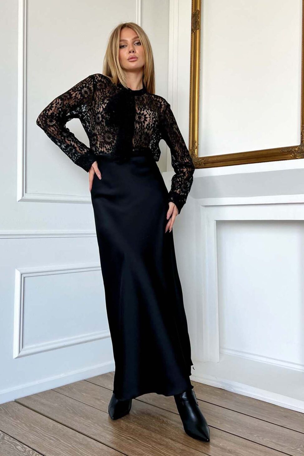 Collection μακρία φούστα με όψη σατέν μαύρο - Image 4