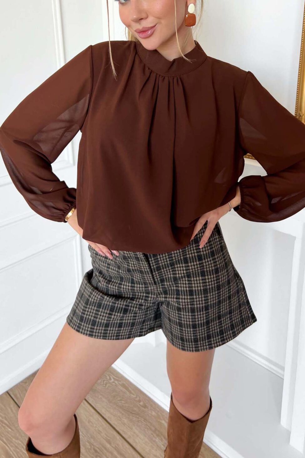 Guido καρό σορτς με λάστιχο στη μέση καφέ - Image 4