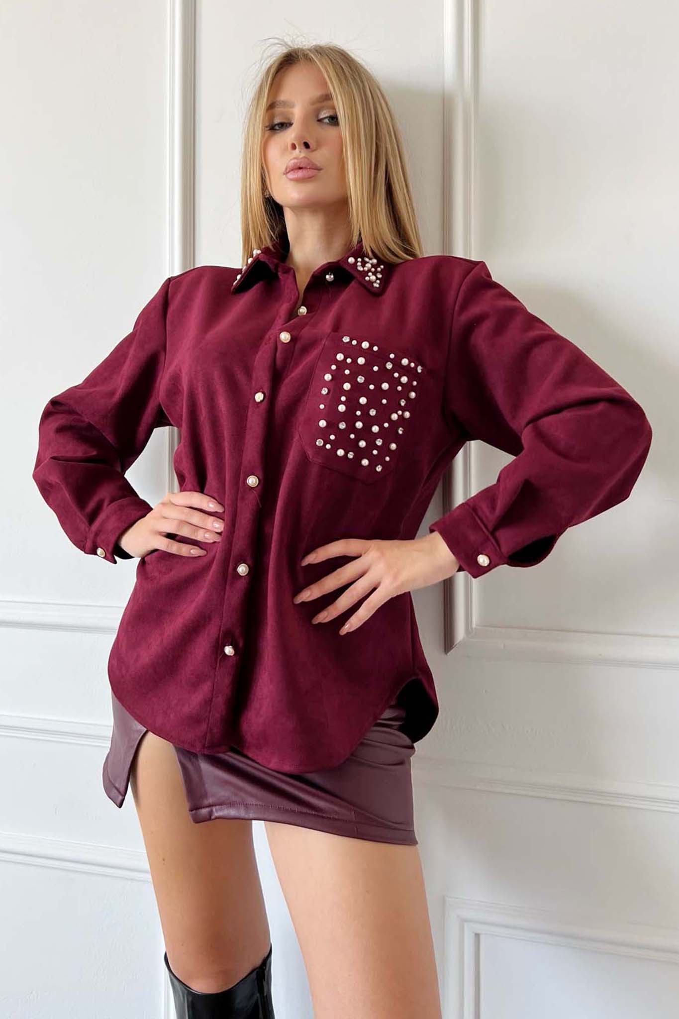 Mihri πουκάμισο τύπου σουέντ με πέρλες και strass μπορντό Mihri πουκάμισο τύπου σουέντ με πέρλες και strass μπορντό - Image 1