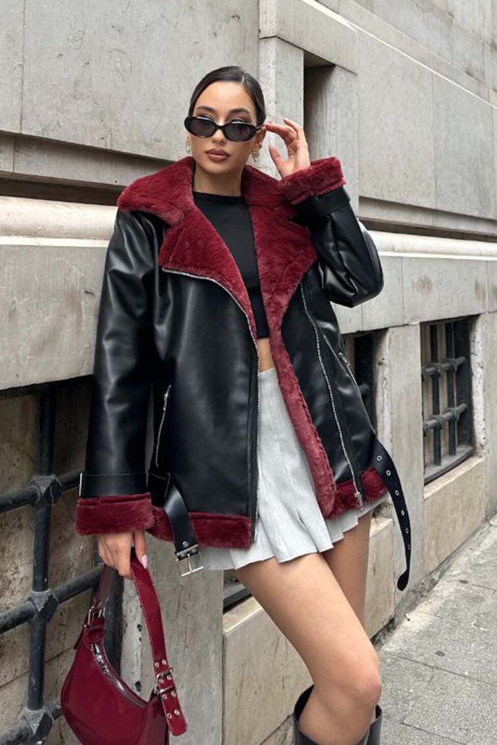 Music jacket από οικολογικό δέρμα και teddy γούνα μπορντό